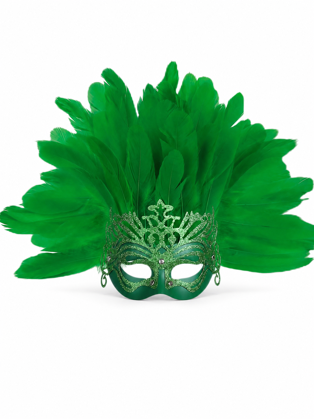 Carnival Mask with Green Feathers and Glitter