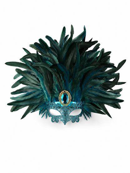 Carnival headpiece with feathers and a mask