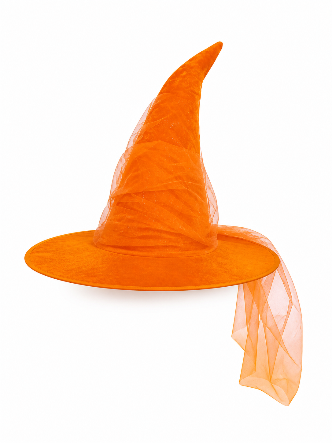 Orange Halloween Witch Hat with Very Tall Curved Pointed Crown, Wide Wavy Brim and Attached Sheer Veil for Costume Parties