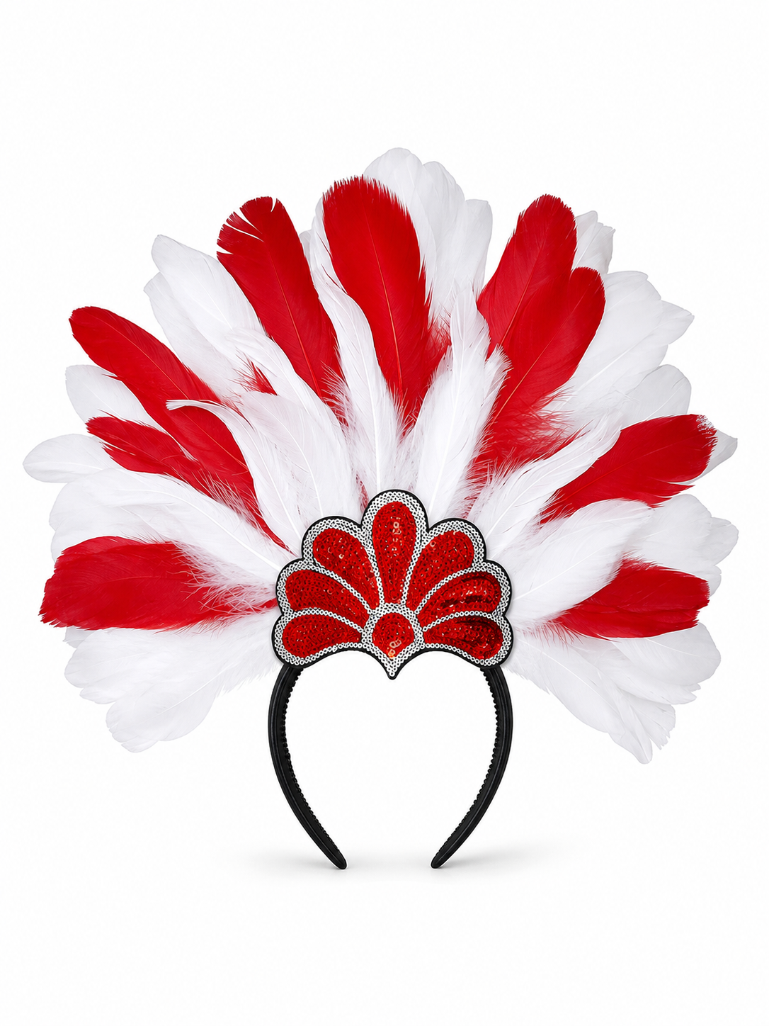 Carnival headpiece with red and white feathers