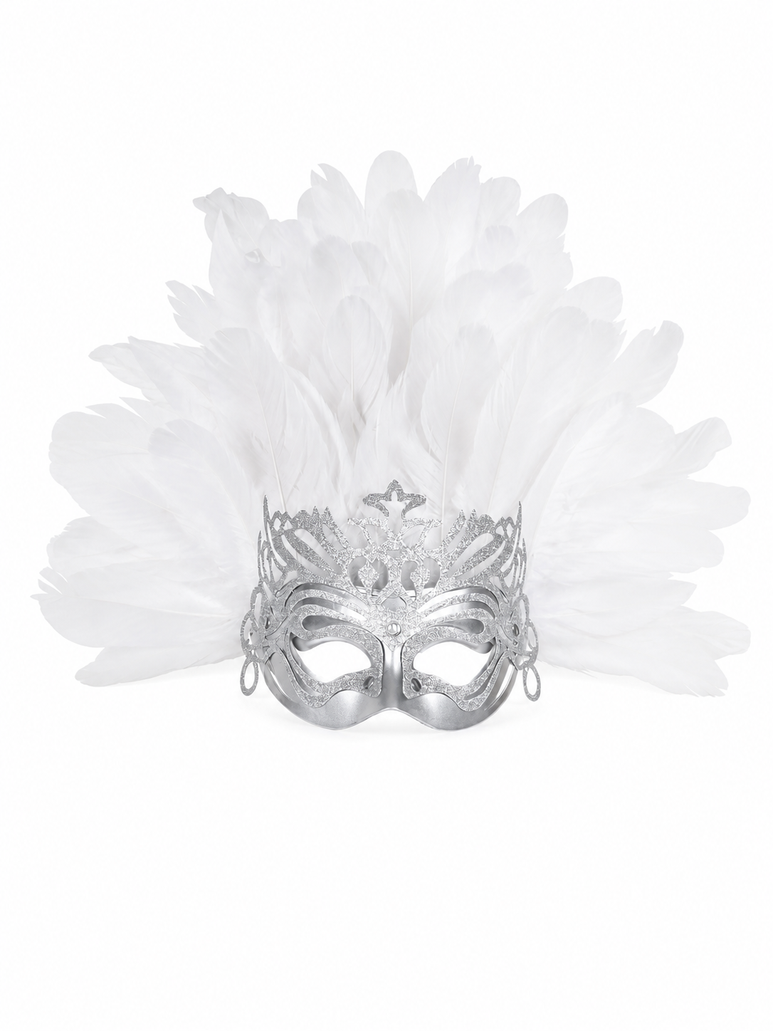 Silver eye mask with layered white feathers and ornate cutout detailing photographed on a white background