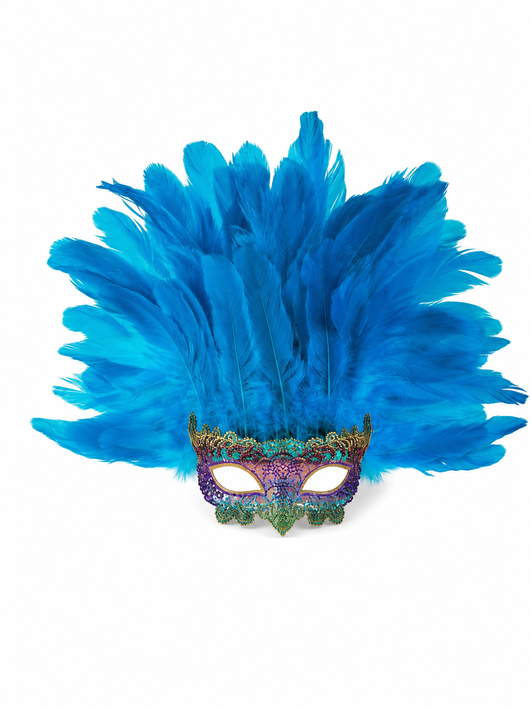 Blue Carnival Headpiece with Feathers and Mask