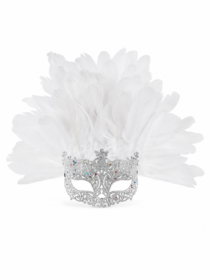 Masquerade Mask with White Feathers and Glitter