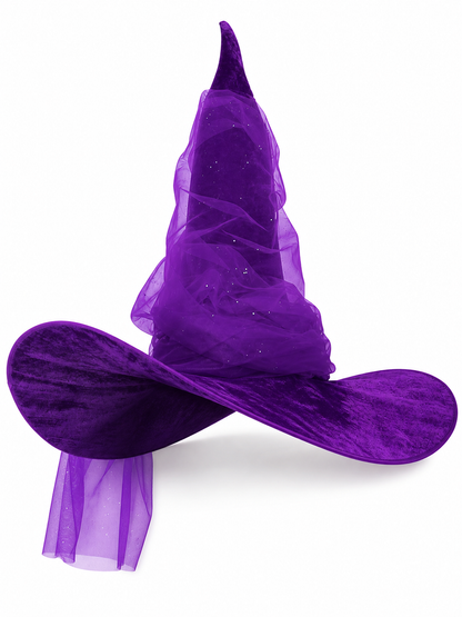 Purple Halloween Witch Hat for Women and Men, Tall Pointed Wide Floppy Brim with Layered Sheer Mesh Draping and Glitter-Like Specks for Cosplay Costume Party