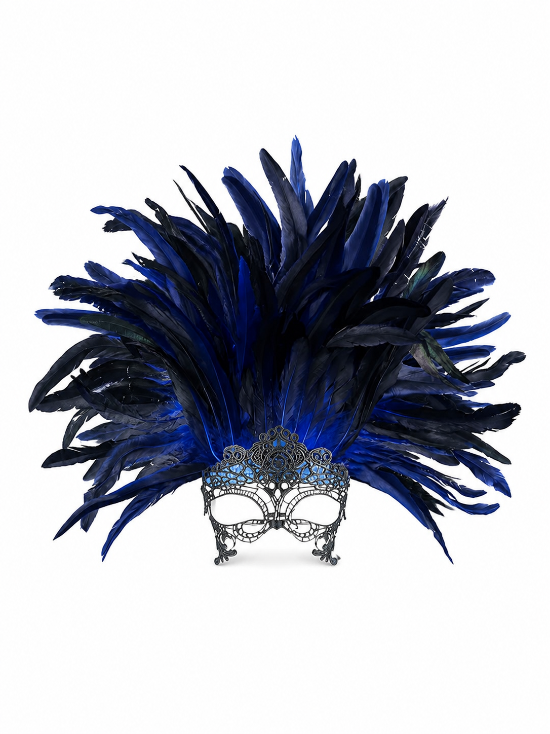 Carnival Headpiece with Blue-and-Black Feathers and Mask