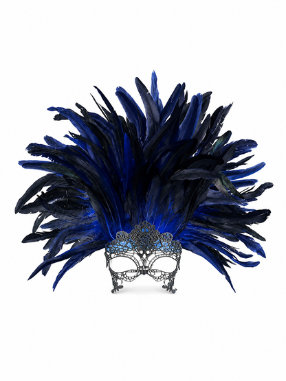 Carnival Headpiece with Blue-and-Black Feathers and Mask