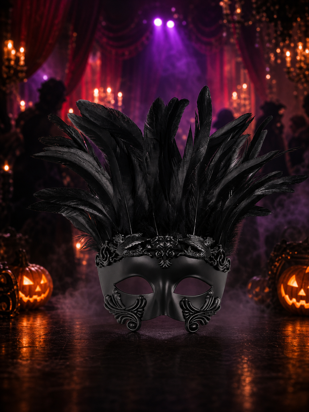 Baroque-Style Carnival Mask with Black Feathers