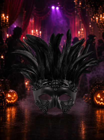 Baroque-Style Carnival Mask with Black Feathers
