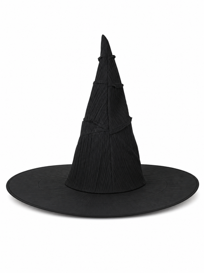 Matte Black Halloween Witch Hat Tall Pointed Crown Wide Curved Floppy Brim Ruched Costume Accessory for Cosplay Party Stage Dress Up
