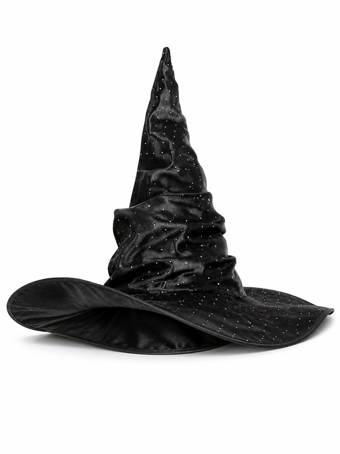 Black Halloween Witch Hat Pointed Wide Brim Ruched Crown With Silver-White Dot Embellishments Costume Accessory