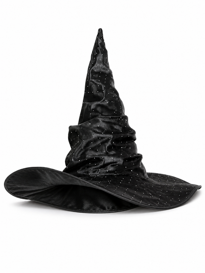 Black Halloween Witch Hat Pointed Wide Brim Ruched Crown With Silver-White Dot Embellishments Costume Accessory