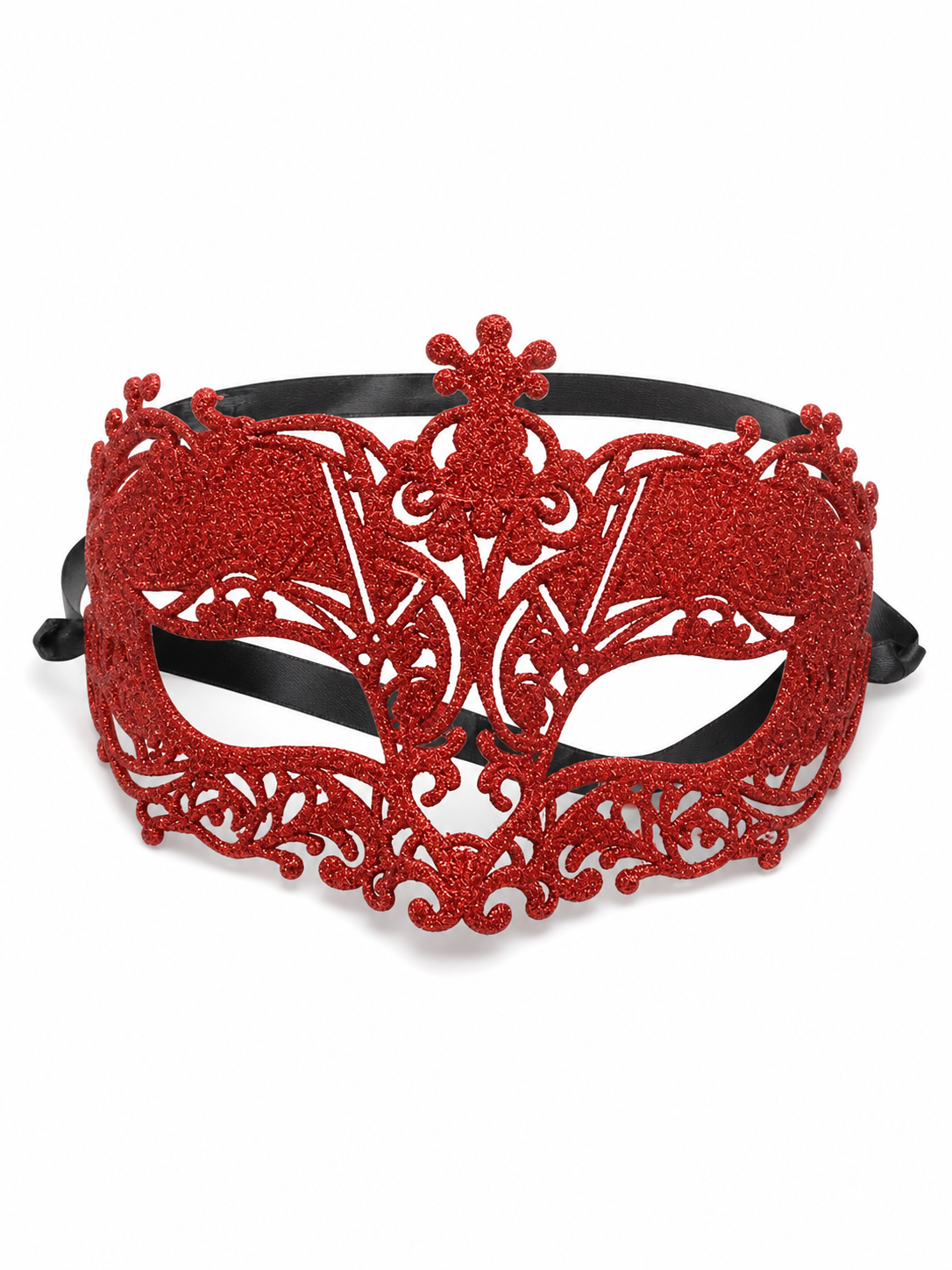 Red glitter filigree masquerade mask shown from the front with black ribbon ties on a white background