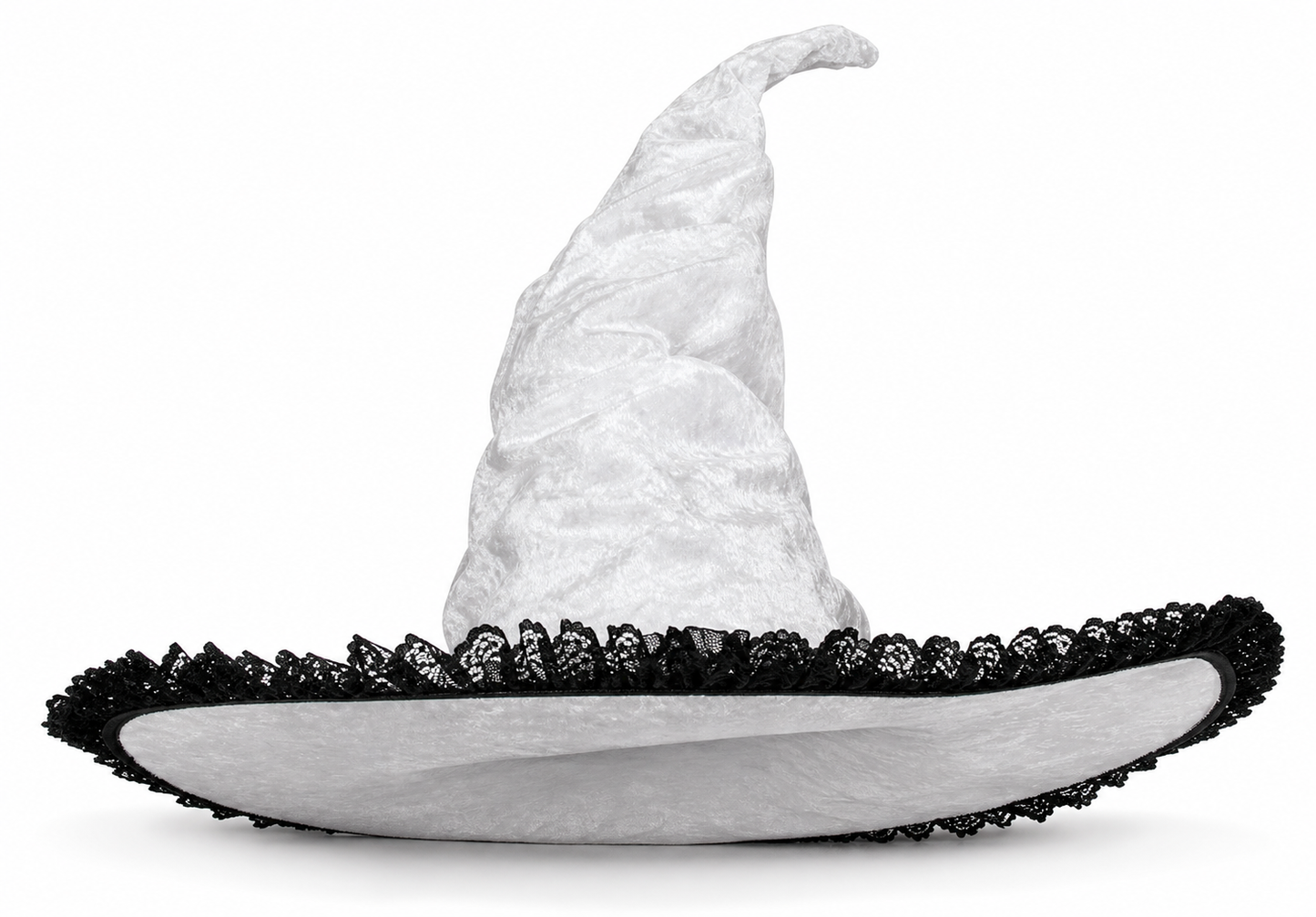 Light Gray White Halloween Witch Hat with Black Lace Trim, Tall Bent Pointed Crown and Wide Brim for Witch Cosplay Costume Party