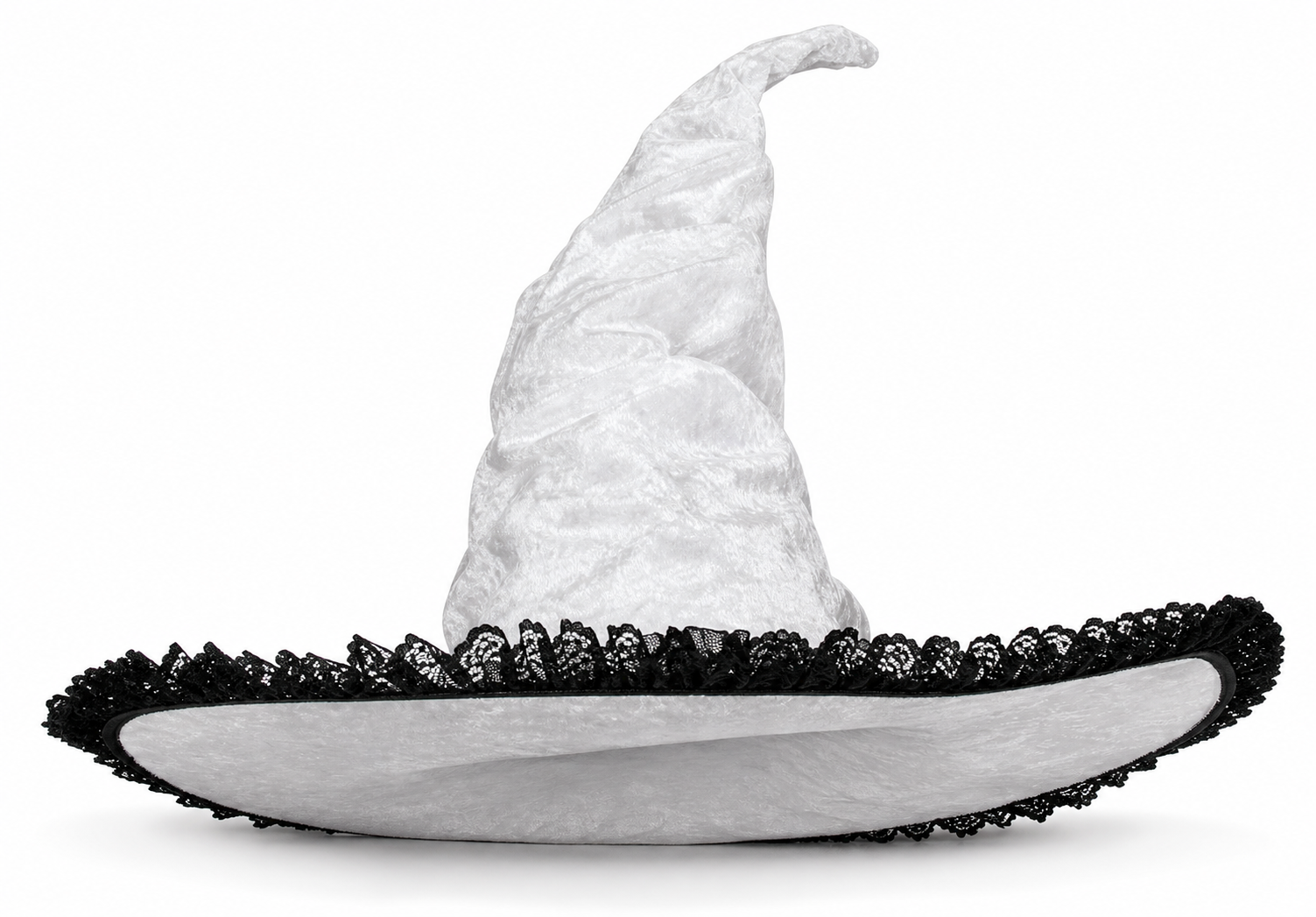 Light Gray White Halloween Witch Hat with Black Lace Trim, Tall Bent Pointed Crown and Wide Brim for Witch Cosplay Costume Party