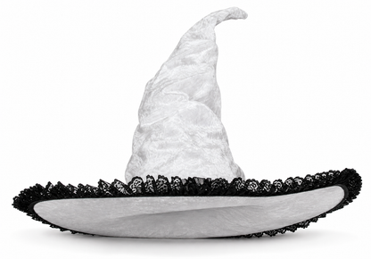 Light Gray White Halloween Witch Hat with Black Lace Trim, Tall Bent Pointed Crown and Wide Brim for Witch Cosplay Costume Party