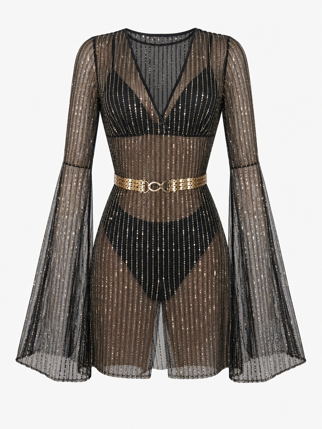 Sheer Jumpsuit with Belt and Gold Stripes