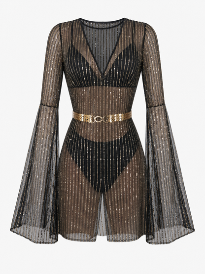 Sheer Jumpsuit with Belt and Gold Stripes