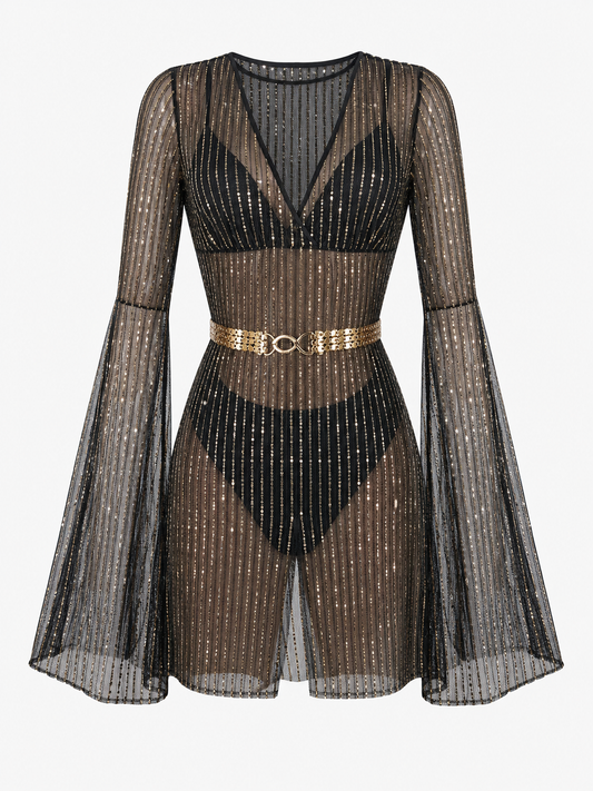 Sheer Jumpsuit with Belt and Gold Stripes