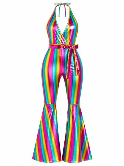 Retro Disco Jumpsuit with Rainbow Stripes