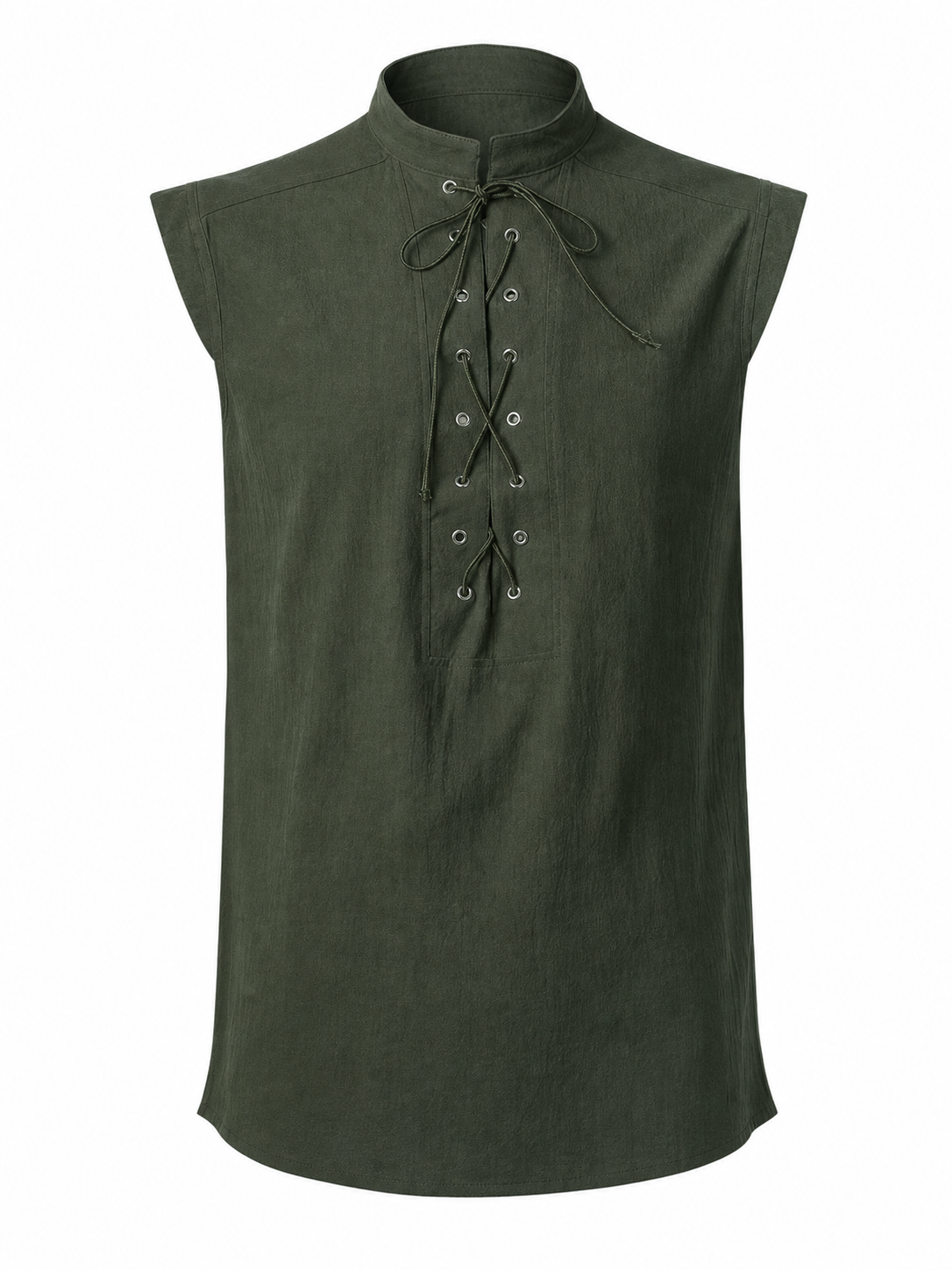 Lace-Up Vest with Stand Collar, Dark Green