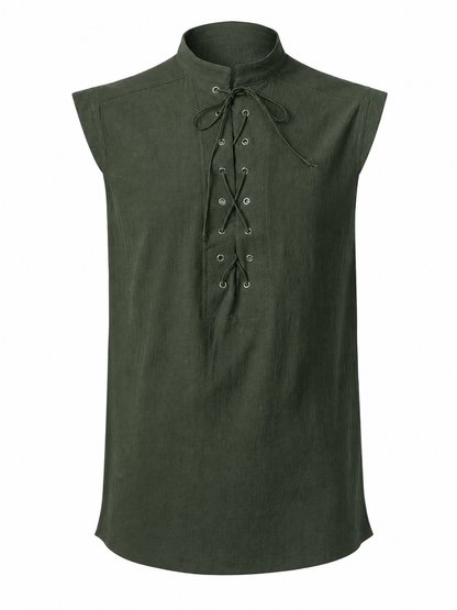 Lace-Up Vest with Stand Collar, Dark Green