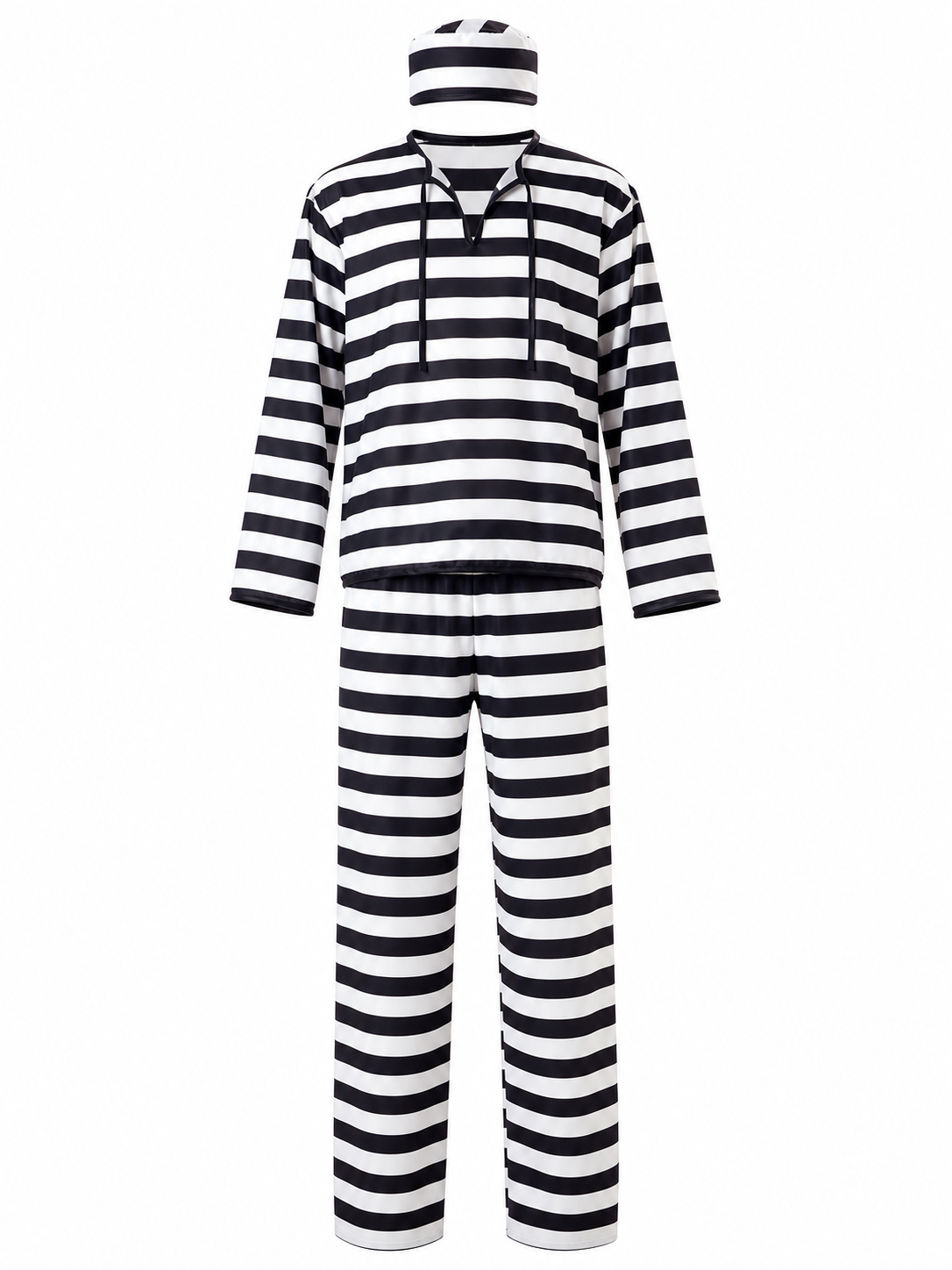 Striped prisoner costume with cap and handcuffs