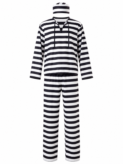 Striped prisoner costume with cap and handcuffs