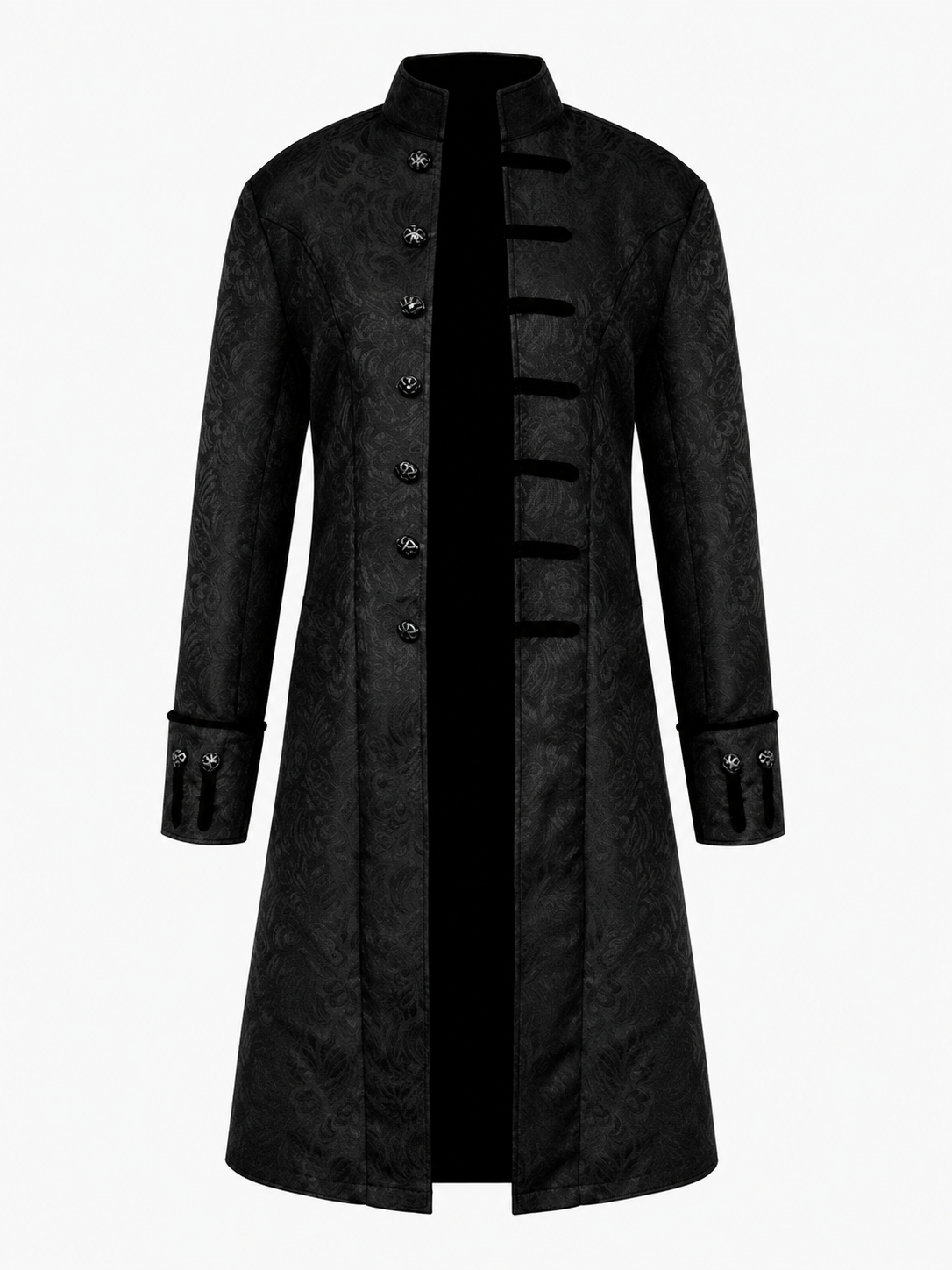 Long Black Jacquard Coat with Stand Collar