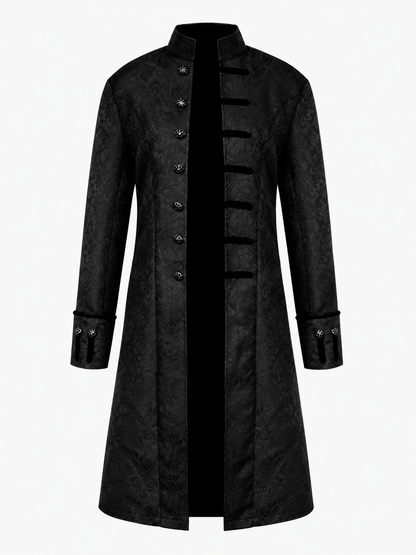 Long Black Jacquard Coat with Stand Collar