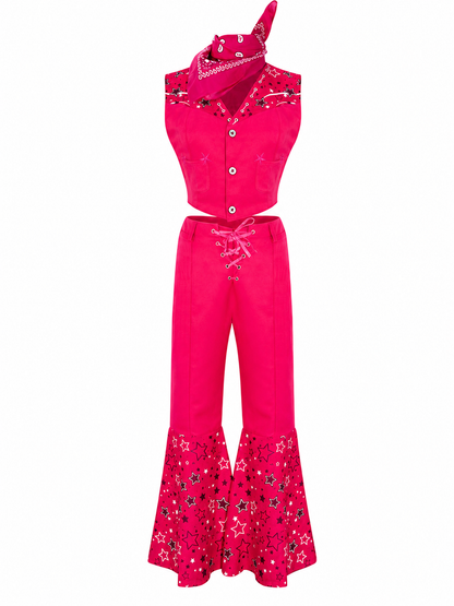 Barbie-style cosplay set consisting of two pieces: a cropped sleeveless top and flared-leg pants. The top resembles a vest with a front button closure, a decorative yoke, and a styled collar area. The pants have a high waist, front lacing, 