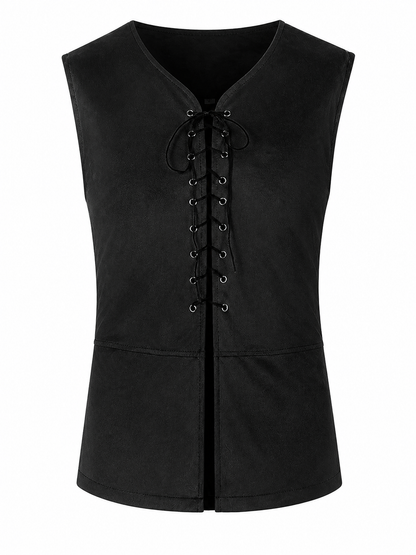 Black Long Lace-Up Vest with V-Neck