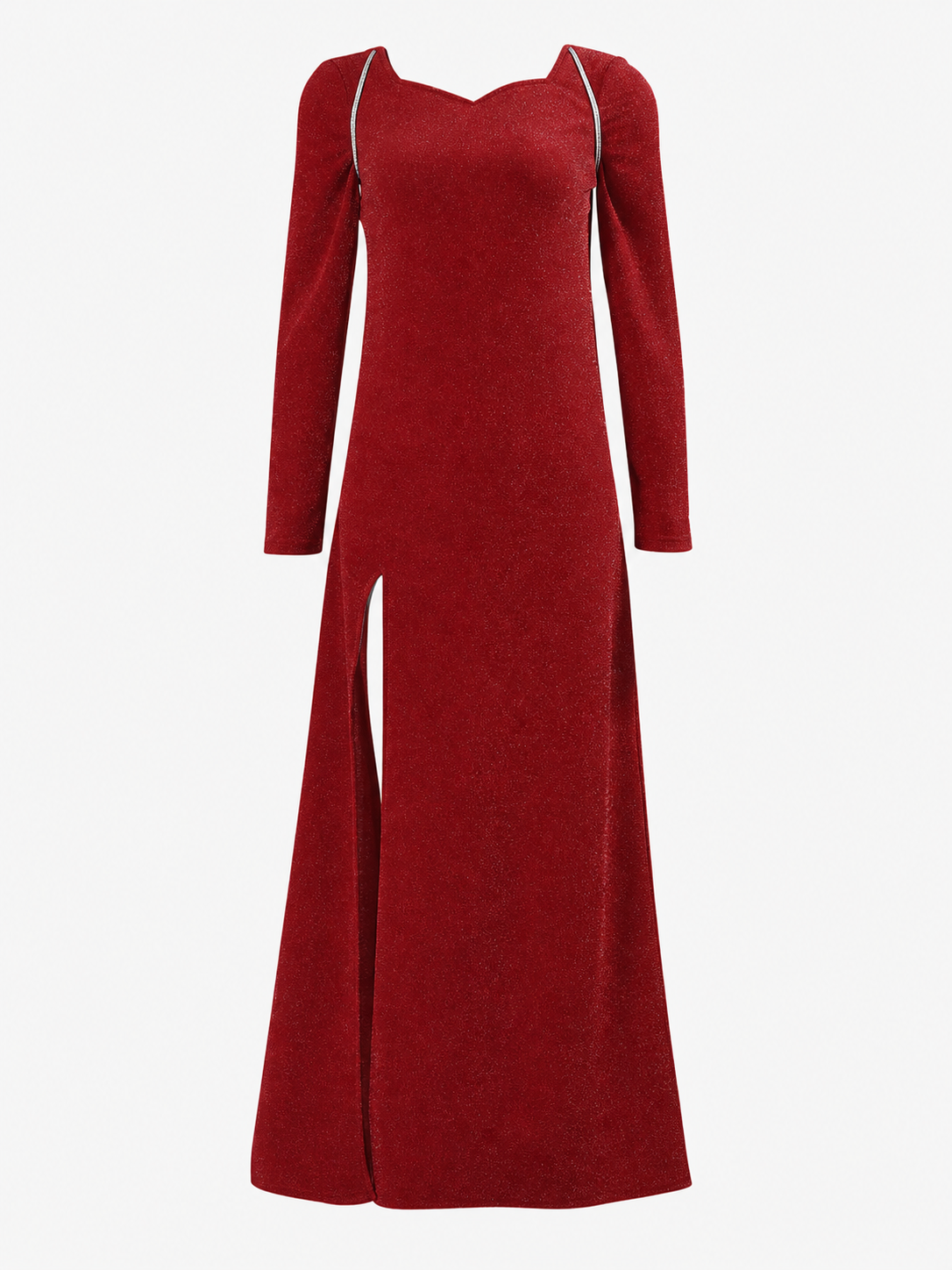 A fairy costume set inspired by a movie character, featuring a long red dress or skirt with a floor-length silhouette, long sleeves, and a straight hem with a front slit, plus accessories to complete the look: semi-transparent butterfly win