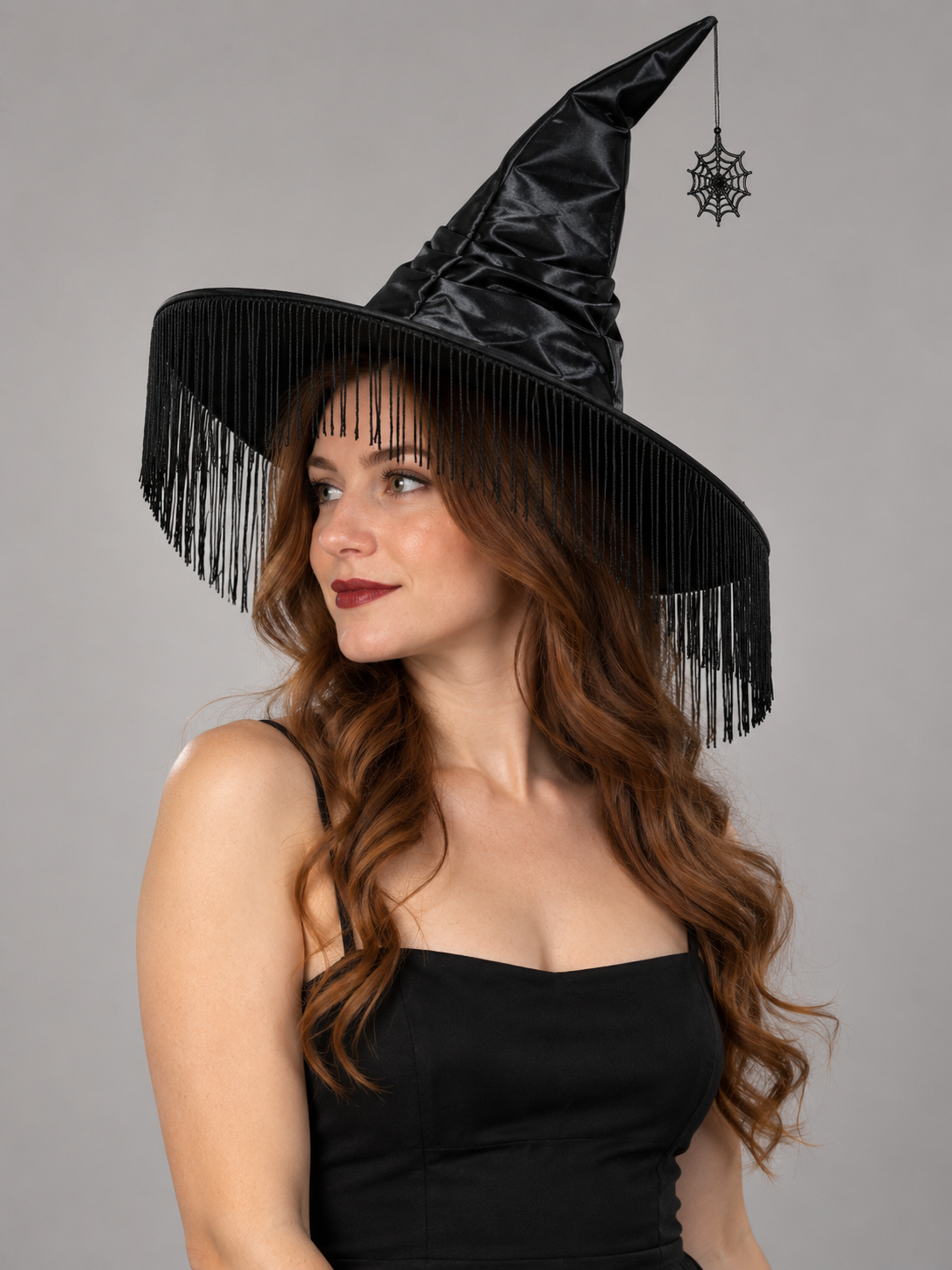 Black Wide-Brim Hat with Fringe and Spiderweb Pendant