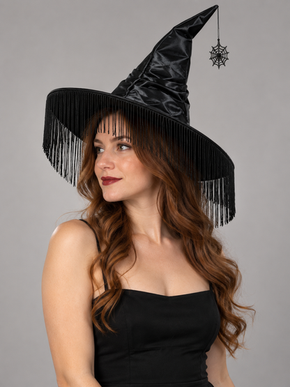 Black Wide-Brim Hat with Fringe and Spiderweb Pendant
