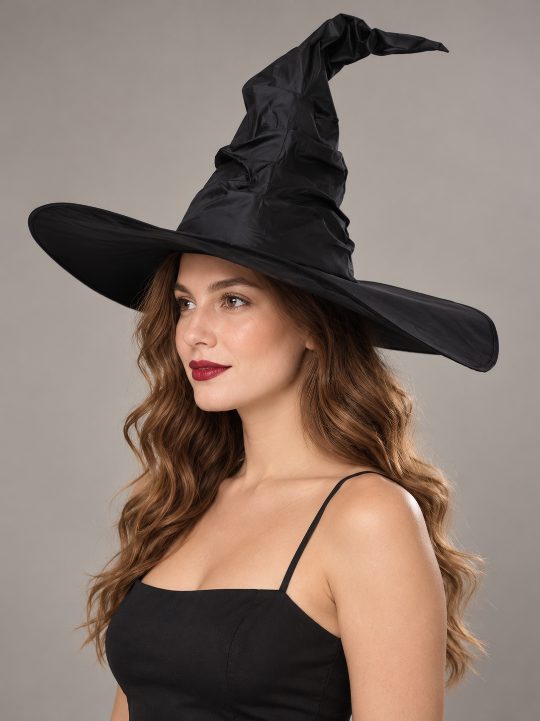 Black Witch Hat with Wide Brim and Curved Tip