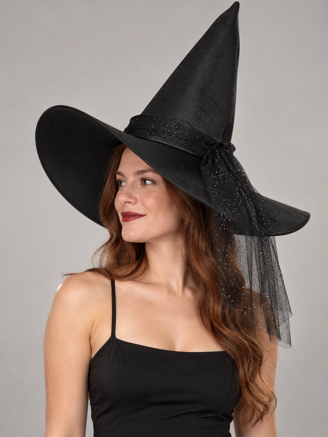 Black Wide-Brim Witch Hat with Glitter and Buckle