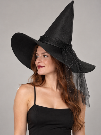 Black Wide-Brim Witch Hat with Glitter and Buckle