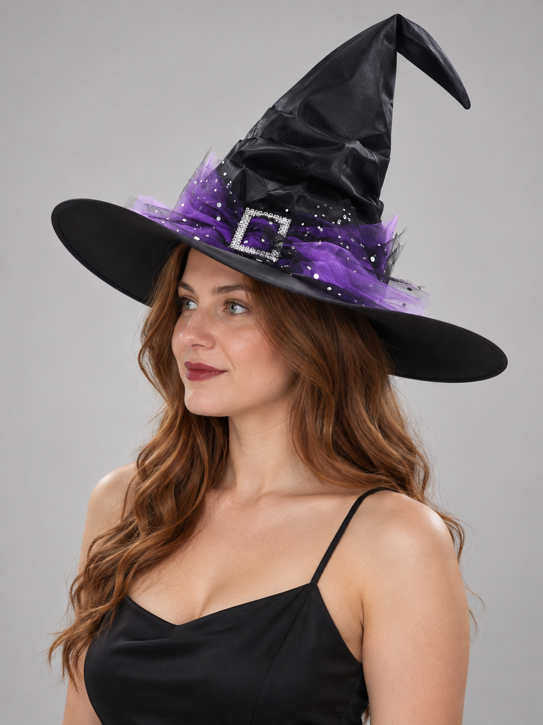 Black Witch Hat with Purple Netting and Glitter