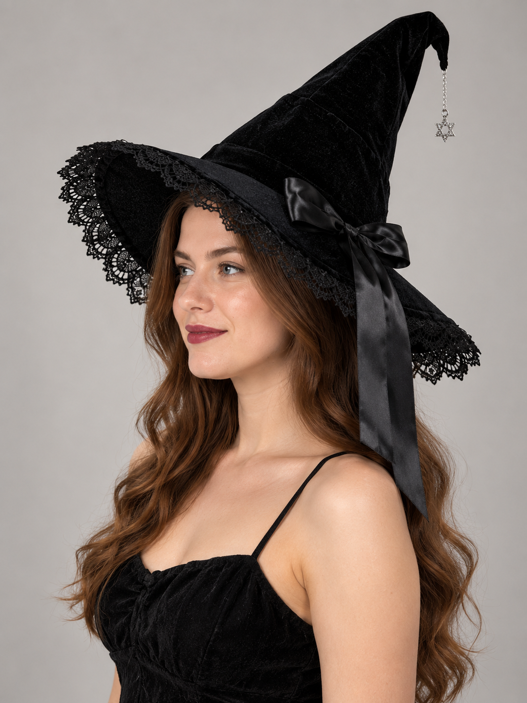 Black Witch Hat with Lace, Bow, and Star