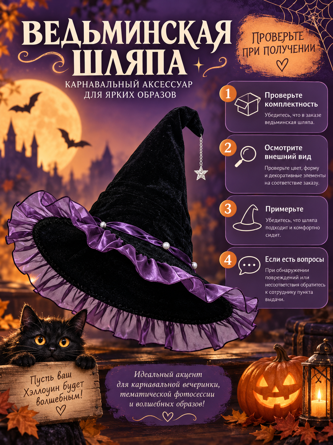 Black Witch Hat with Purple Ribbon and Star