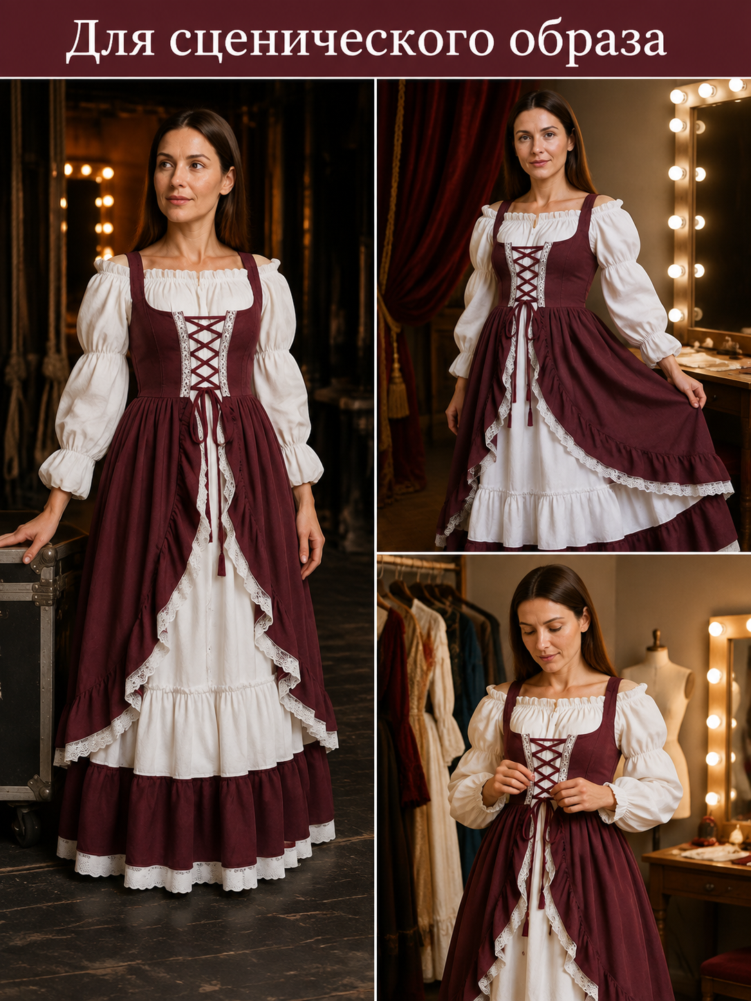 Burgundy Dress with Corset Lacing and Puff Sleeves Costume Dresses detail 2