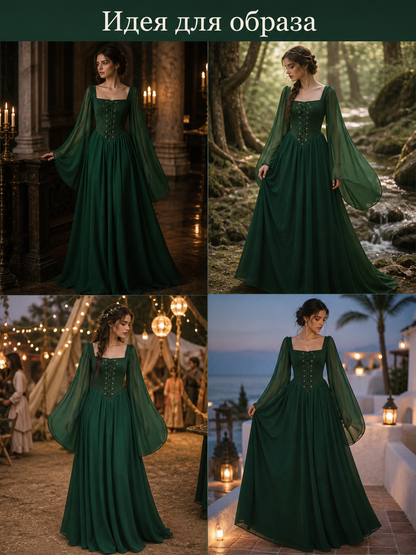 Green Dress with Lace-Up Detail and Flared Sleeves Costume Dresses detail 2