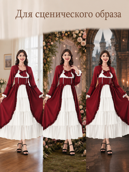 Burgundy Dress with Ruffles and Flared Sleeves Costume Dresses detail 2