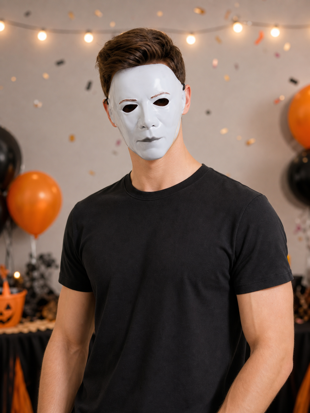 Face Mask with a White Face and Black Hair
