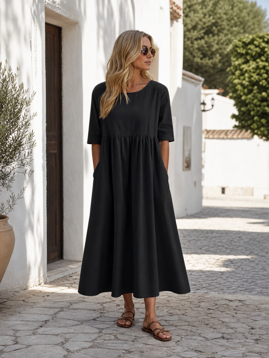 This black long dress features a round neckline, elbow-length sleeves, and a relaxed A-line silhouette. The solid-color design gives it a clean look and makes it easy to pair with different everyday wardrobe pieces. The top has a round neck