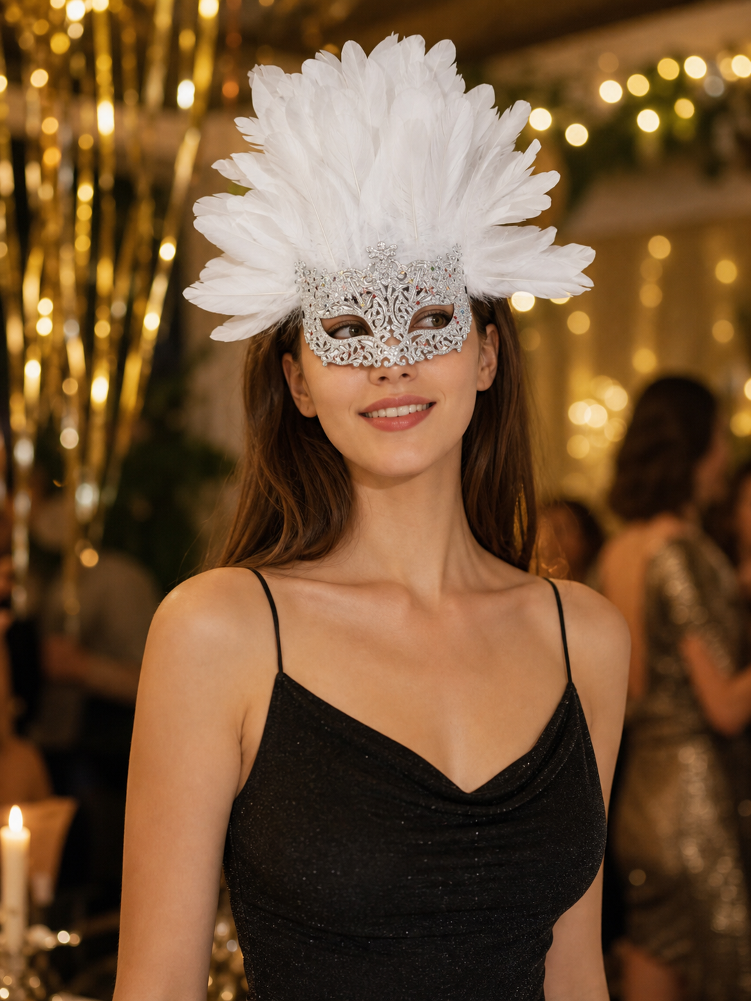 White feather masquerade mask isolated on white, with layered feathers above a detailed silver-tone decorative frame