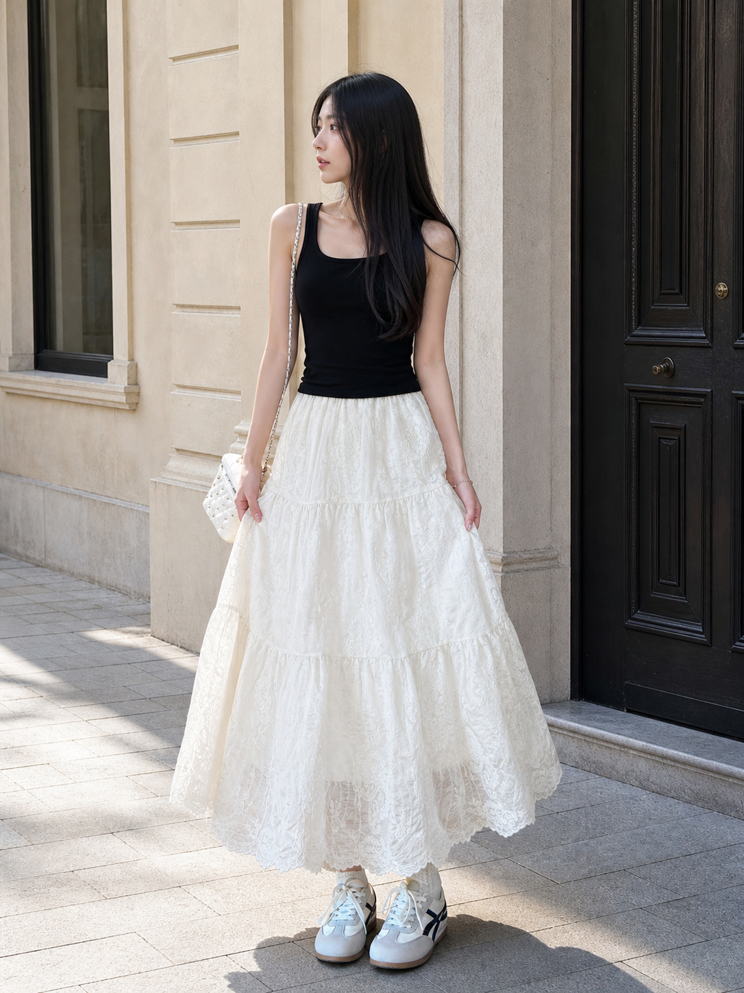 Long women’s skirt with a tiered floral pattern