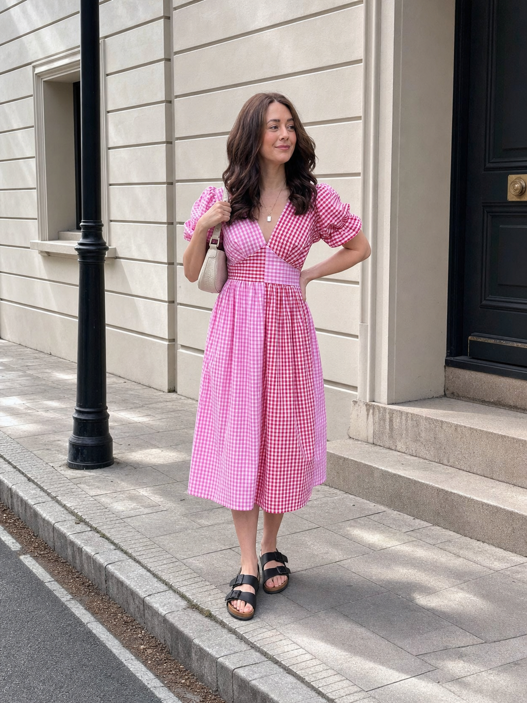 Pink and White Check Midi Dress with V-Neck