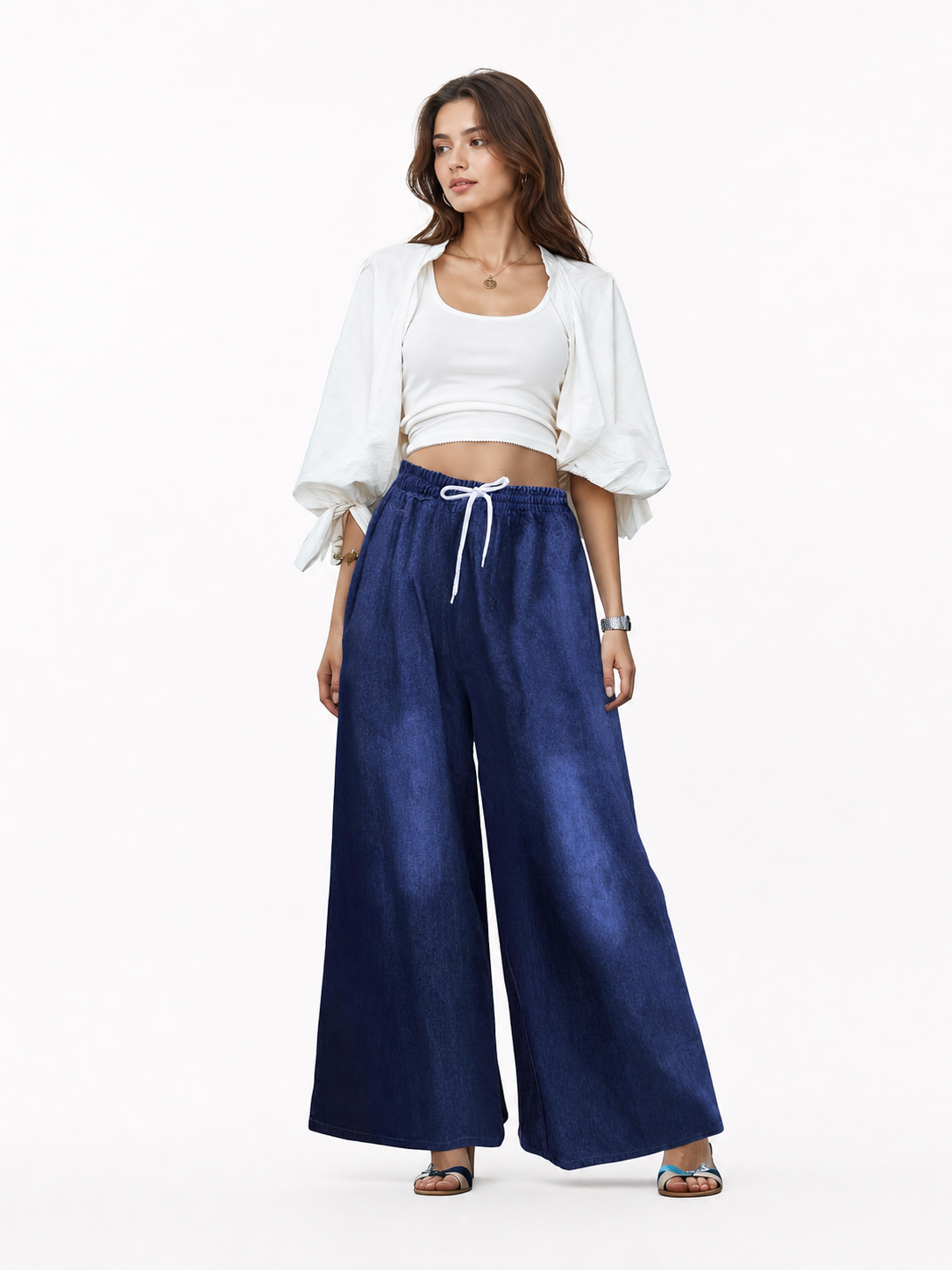 Dark Blue Palazzo Pants with an Elastic Waistband and White Drawstring