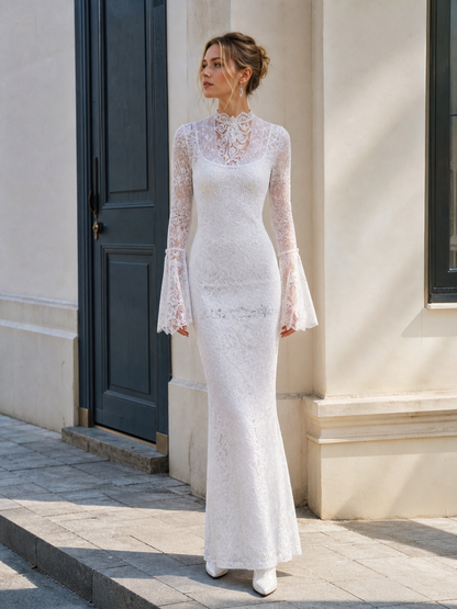 Women's Long Dress with Long Sleeves and Lace Pattern